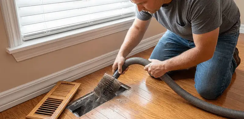 Air duct cleaning technician vacuuming a floor vent and duct opening in Columbia, SC