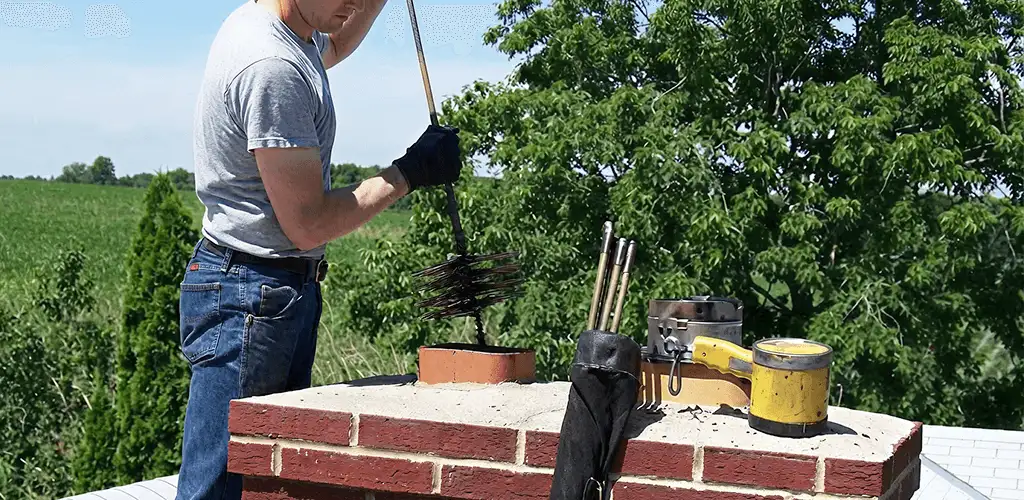 Chimney cleaning technician working on a rooftop chimney with professional tools in Columbia, SC