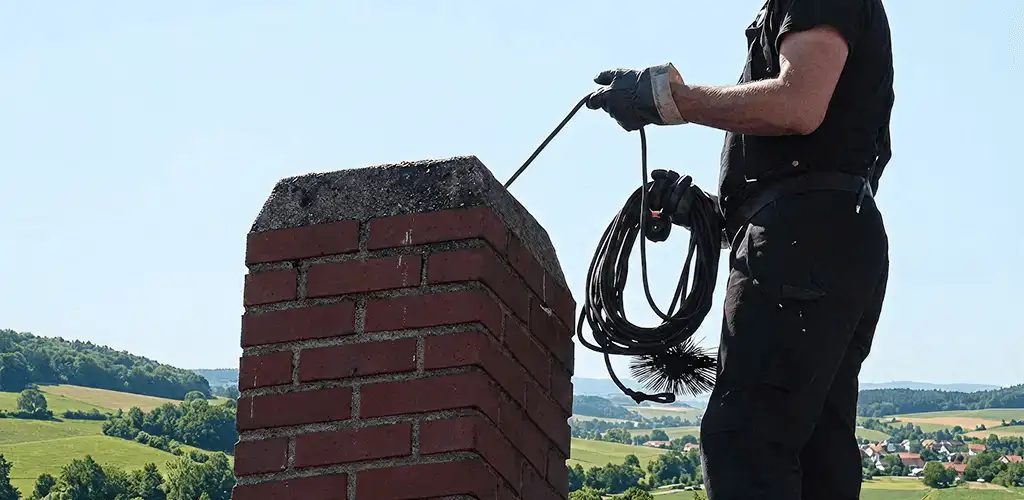 Chimney sweep inspecting and cleaning a rooftop chimney in Columbia, SC