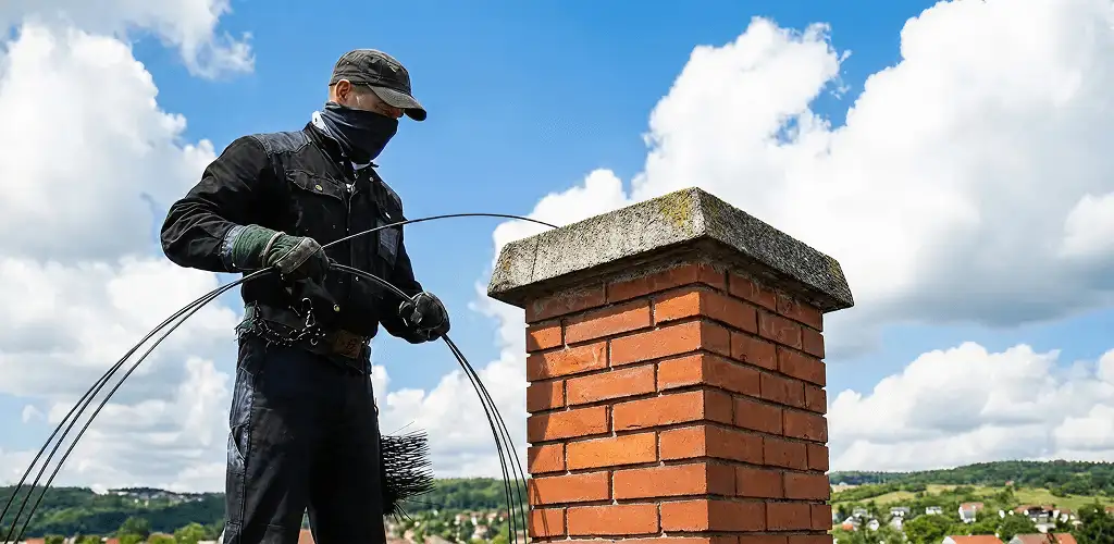 Chimney sweep cleaning a brick chimney with professional tools in Columbia, SC