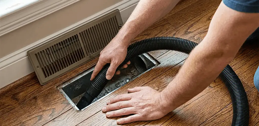 Air duct cleaning technician vacuuming a floor register and duct opening in Columbia, SC