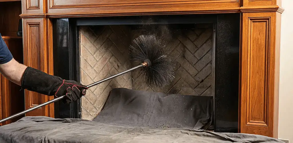 Chimney cleaning service brushing soot from a fireplace and flue in Columbia, SC