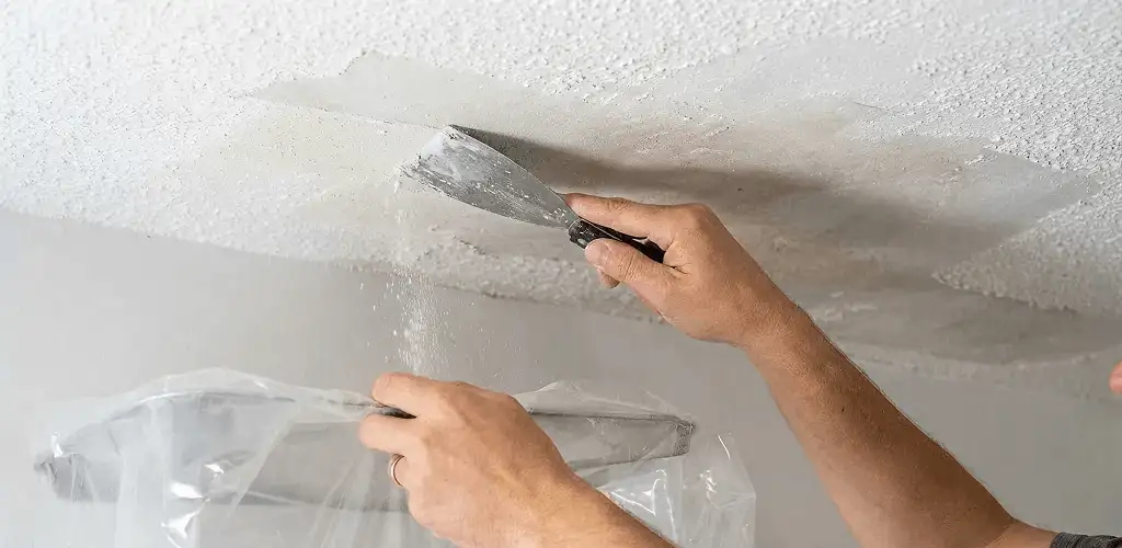 Popcorn ceiling removal technician scraping texture from a ceiling in Columbia, SC