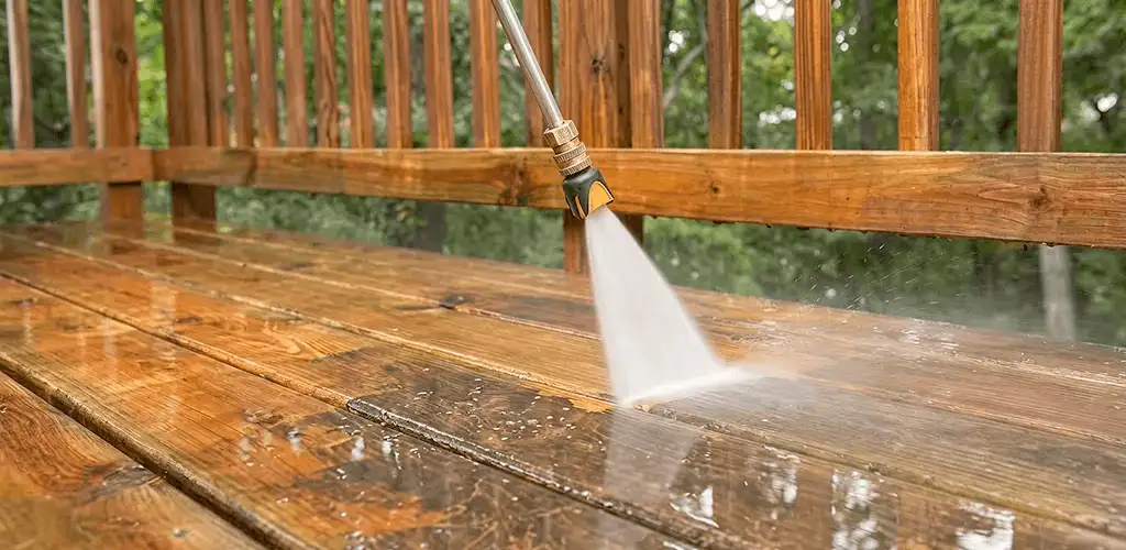 Pressure washing a wood deck to remove dirt and buildup in Columbia, SC