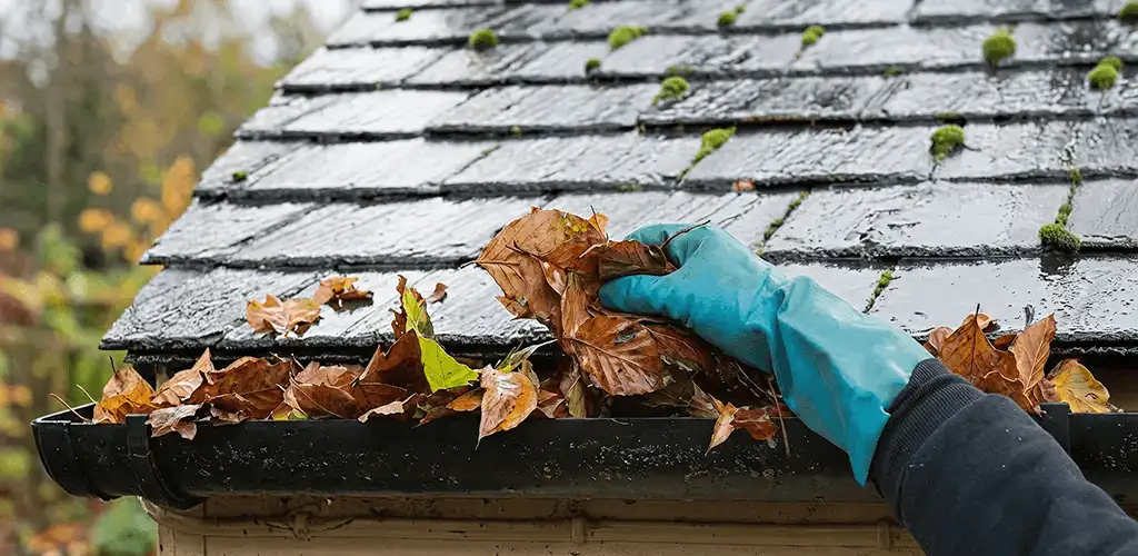Gutter cleaning technician clearing wet leaves from roof gutters in Columbia, SC