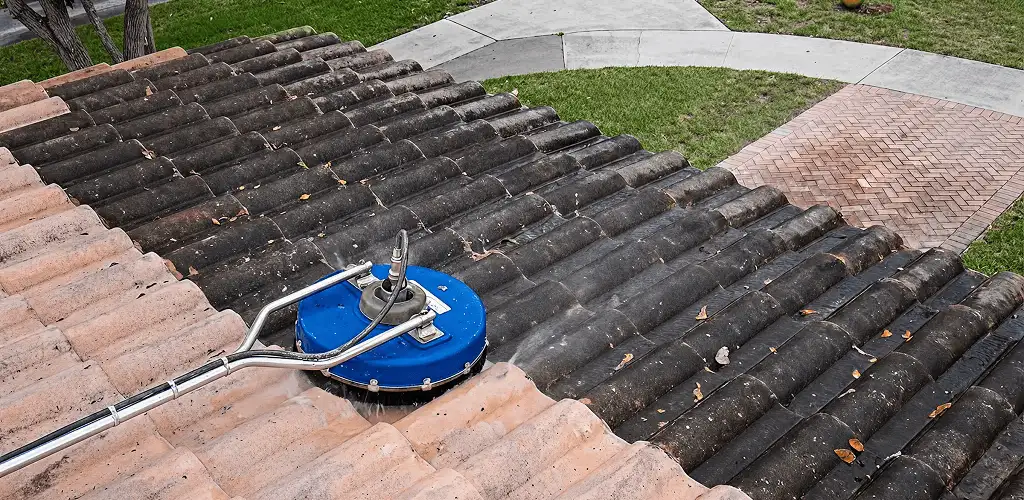 Roof pressure cleaning removing debris and buildup from roof tiles in Columbia, SC