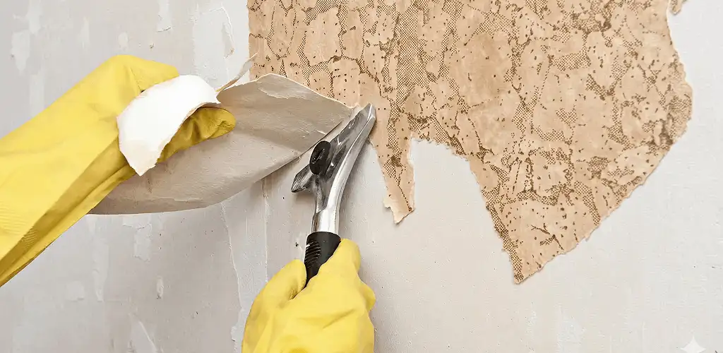 Wallpaper removal service stripping old wallpaper from a wall in Columbia, SC